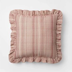Studio McGee 24"x24" Uneven Plaid with Ruffle Pillow Burgundy/Cream